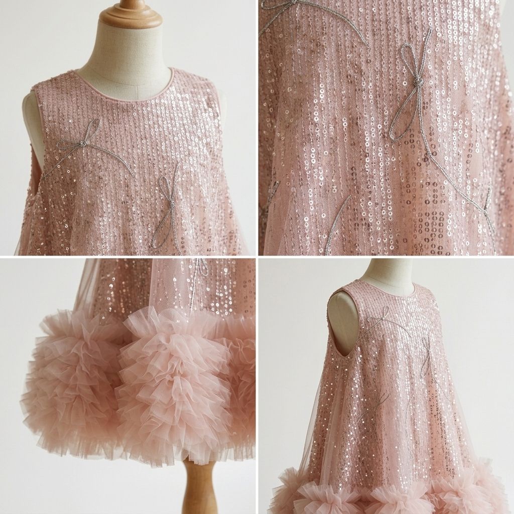 Sequin Birthday Dresses – Girls Pink Sequin Tulle Dress with Ruffle Hem - Image 4