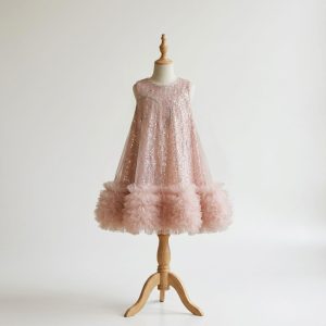 Sequin Birthday Dresses – Girls Pink Sequin Tulle Dress with Ruffle Hem