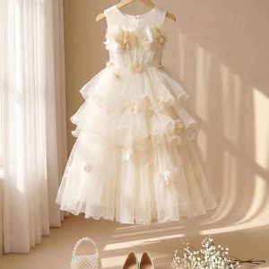 Cream Birthday Dresses for Girls – 1 Heavenly Breathtaking Tiered Floral Gown