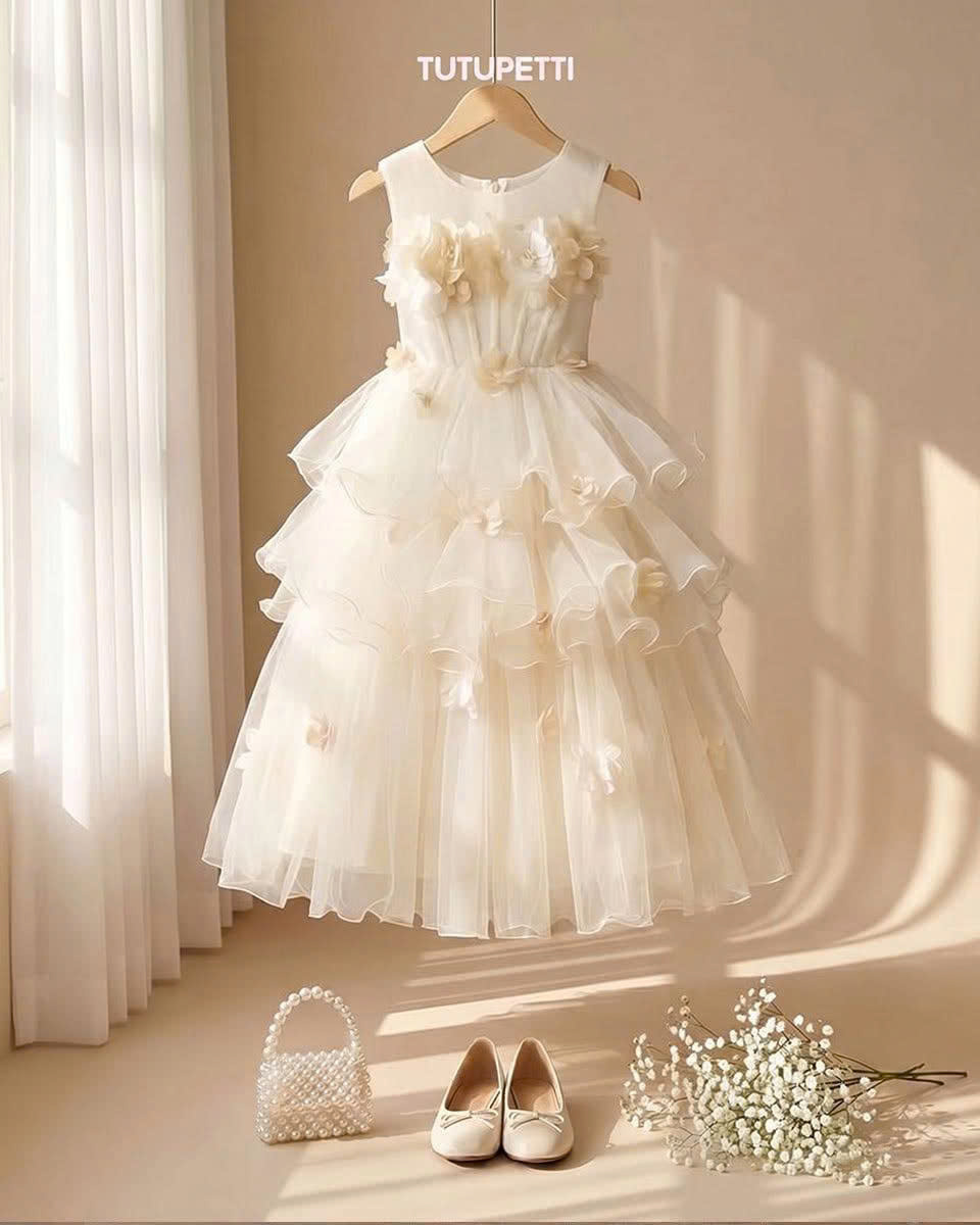 Cream Birthday Dresses for Girls – 1 Heavenly Breathtaking Tiered Floral Gown