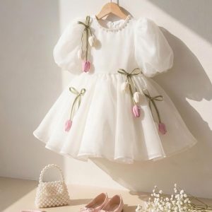 5 Charming Flower Girl Dresses | Girls Ivory Chiffon Dress with Pearl Collar, Puff Sleeves & Floral Ribbon Details