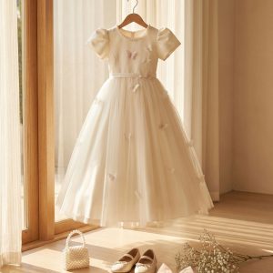 10 Elegant Birthday Dresses for Girls | Ivory Tulle Dress with Pearl Trim and Butterfly Details