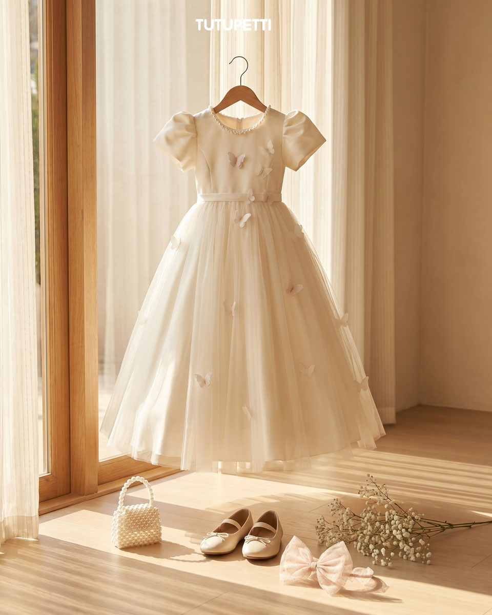 10 Elegant Birthday Dresses for Girls | Ivory Tulle Dress with Pearl Trim and Butterfly Details