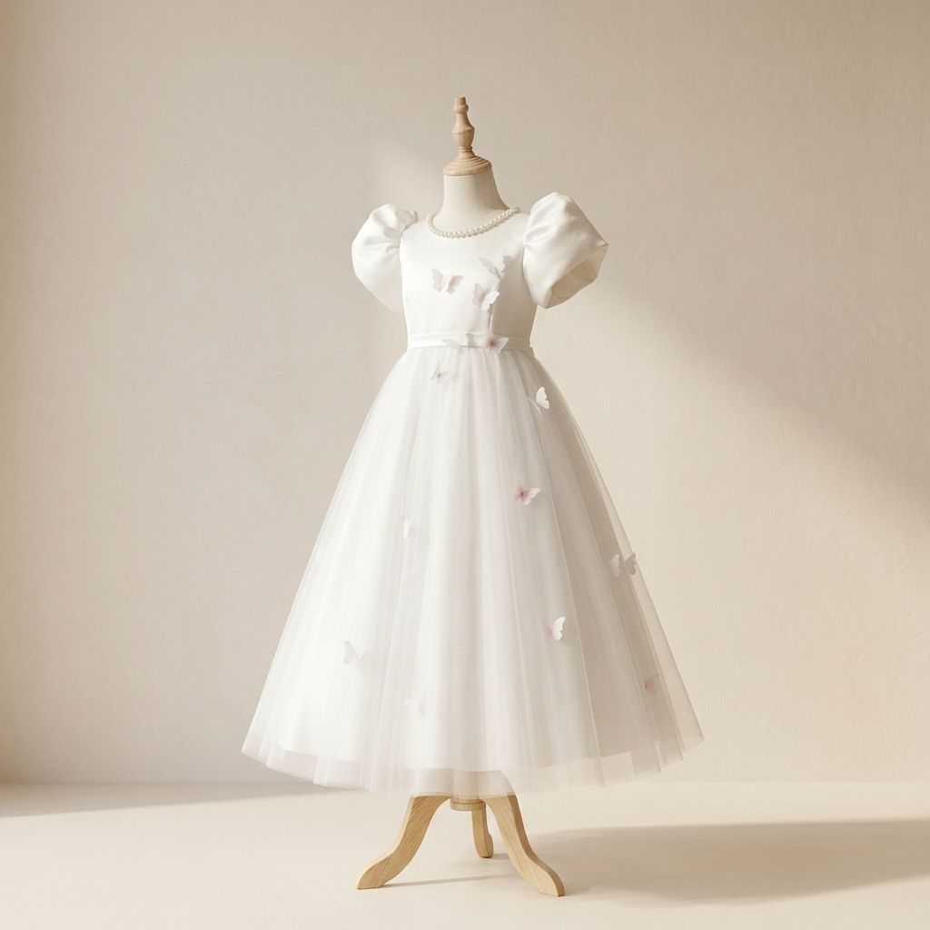 White Birthday Dresses for Girls 3D Butterfly Charming Dreamy Tulle Pearl Party Gown - Image 2