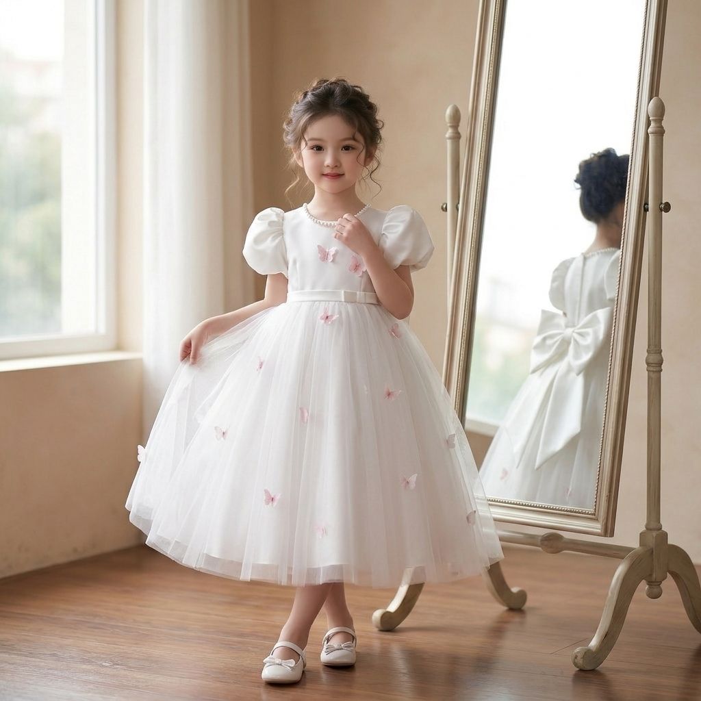 White Birthday Dresses for Girls 3D Butterfly Charming Dreamy Tulle Pearl Party Gown - Image 4