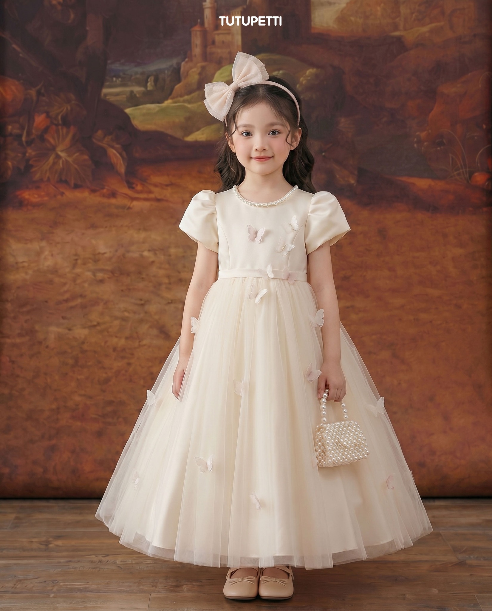 10 Elegant Birthday Dresses for Girls | Ivory Tulle Dress with Pearl Trim and Butterfly Details - Image 3