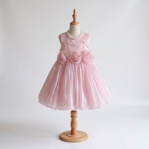 Pearl Birthday Dresses – Girls Pink Tulle Dress with 3D Rose Flower Details