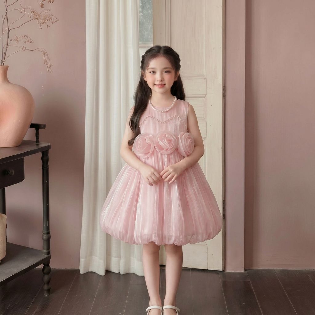 Pearl Birthday Dresses – Girls Pink Tulle Dress with 3D Rose Flower Details - Image 3