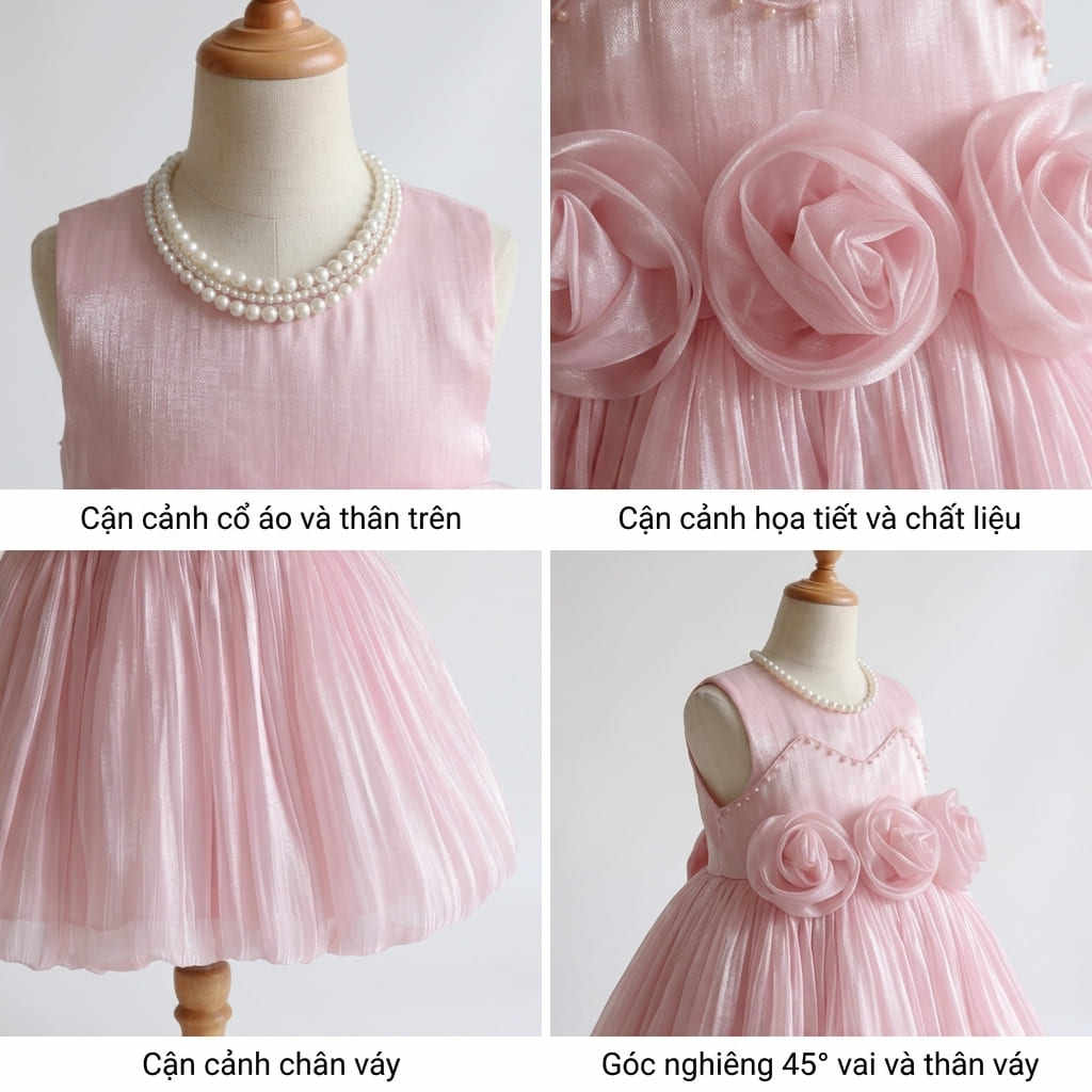 Pearl Birthday Dresses – Girls Pink Tulle Dress with 3D Rose Flower Details - Image 4