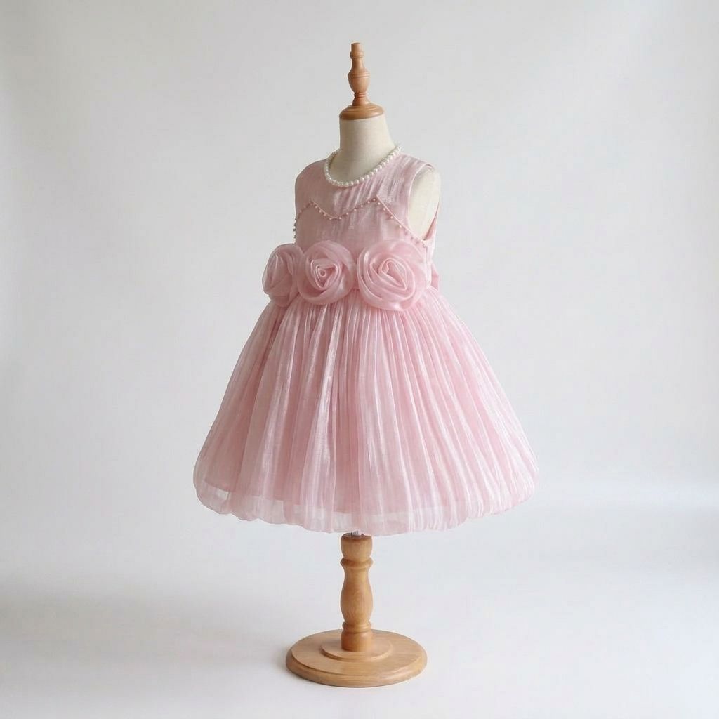 Pearl Birthday Dresses – Girls Pink Tulle Dress with 3D Rose Flower Details - Image 5