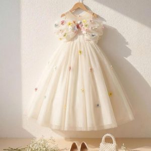Floral Tulle Birthday Dresses | Girls Ivory Tulle Dress with Colorful 3D Flower Details