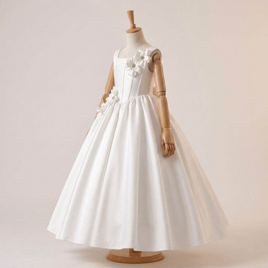 Elegant Birthday Dresses for Girls – White Satin A-Line Dress with 3D Flower Details - Image 2