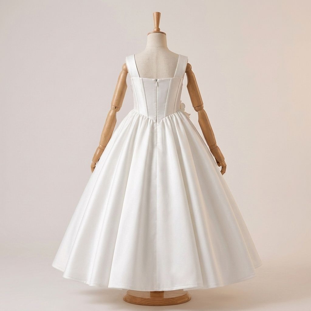 Elegant Birthday Dresses for Girls – White Satin A-Line Dress with 3D Flower Details - Image 3