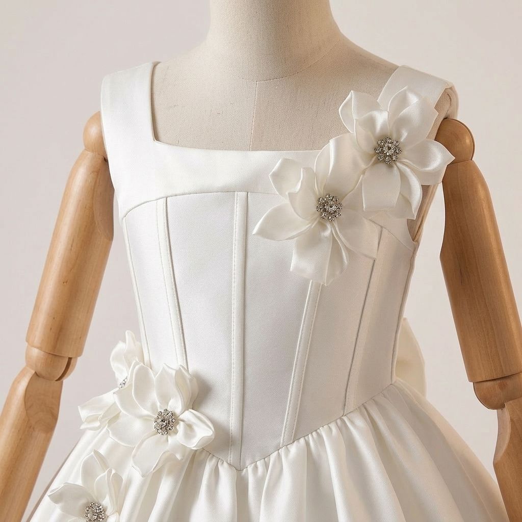 Elegant Birthday Dresses for Girls – White Satin A-Line Dress with 3D Flower Details - Image 4
