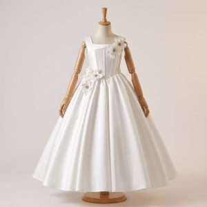 Elegant Birthday Dresses for Girls – White Satin A-Line Dress with 3D Flower Details