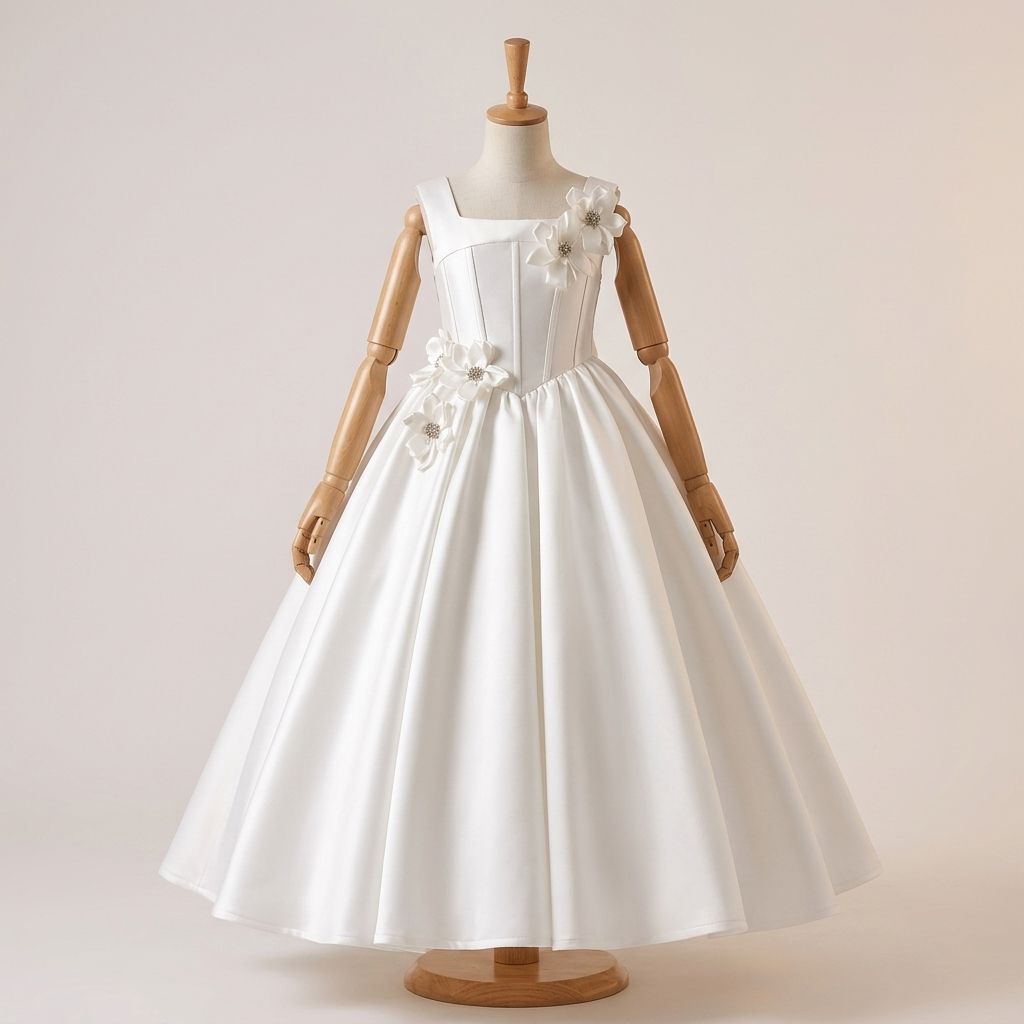 Elegant Birthday Dresses for Girls – White Satin A-Line Dress with 3D Flower Details