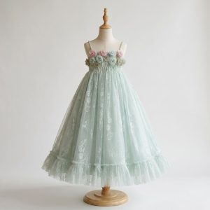Mint Green Flower Girl Dresses | Girls Lace Tulle Dress with Pastel 3D Rose Details