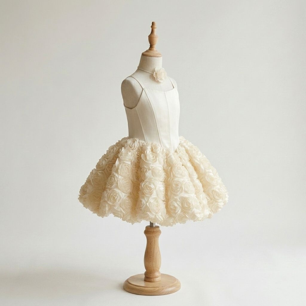 Rose Flower Girls Dresses | Ivory 3D Rose Petal Party Dress - Image 3