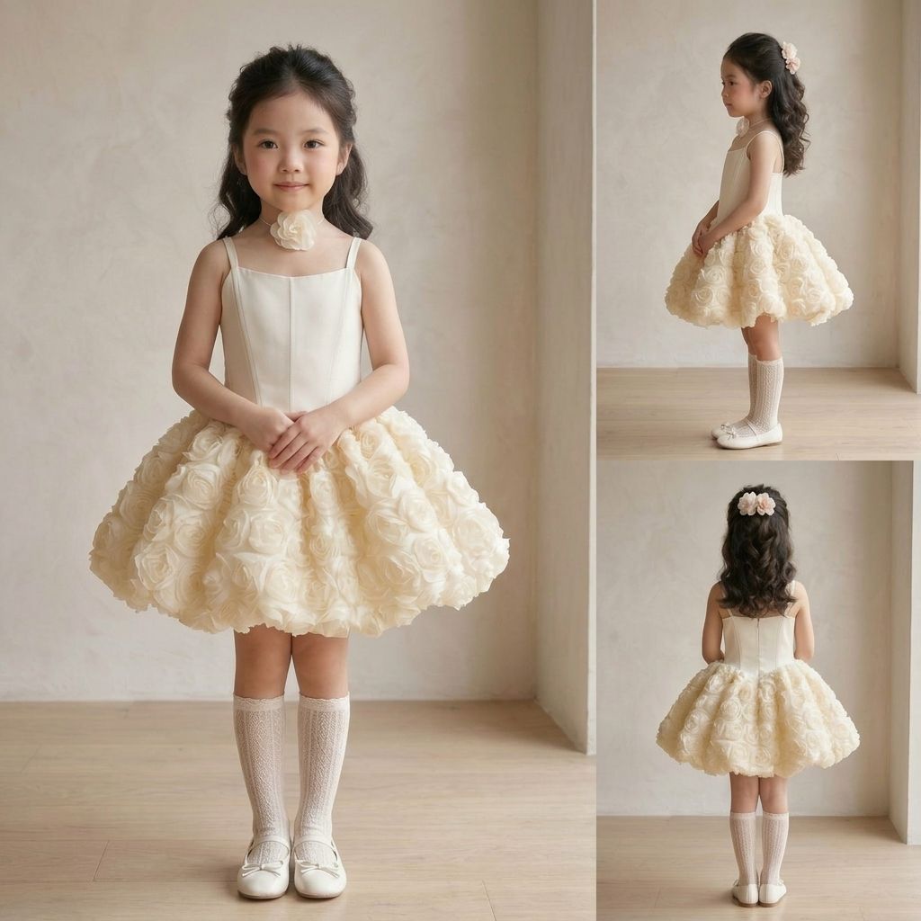 Rose Flower Girls Dresses | Ivory 3D Rose Petal Party Dress - Image 4