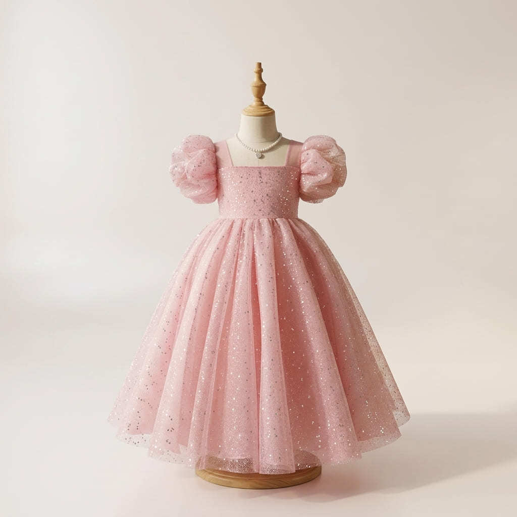 7 Gorgeous Pink Tulle Dresses | Girls Sparkle Princess Dress with Puffy Sleeves & Elegant Full Skirt