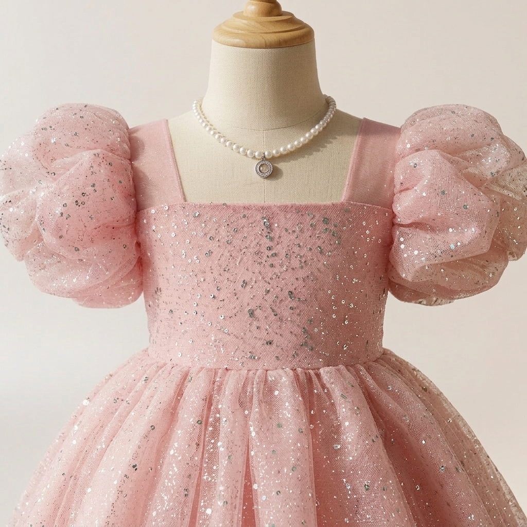 7 Gorgeous Pink Tulle Dresses | Girls Sparkle Princess Dress with Puffy Sleeves & Elegant Full Skirt - Image 5