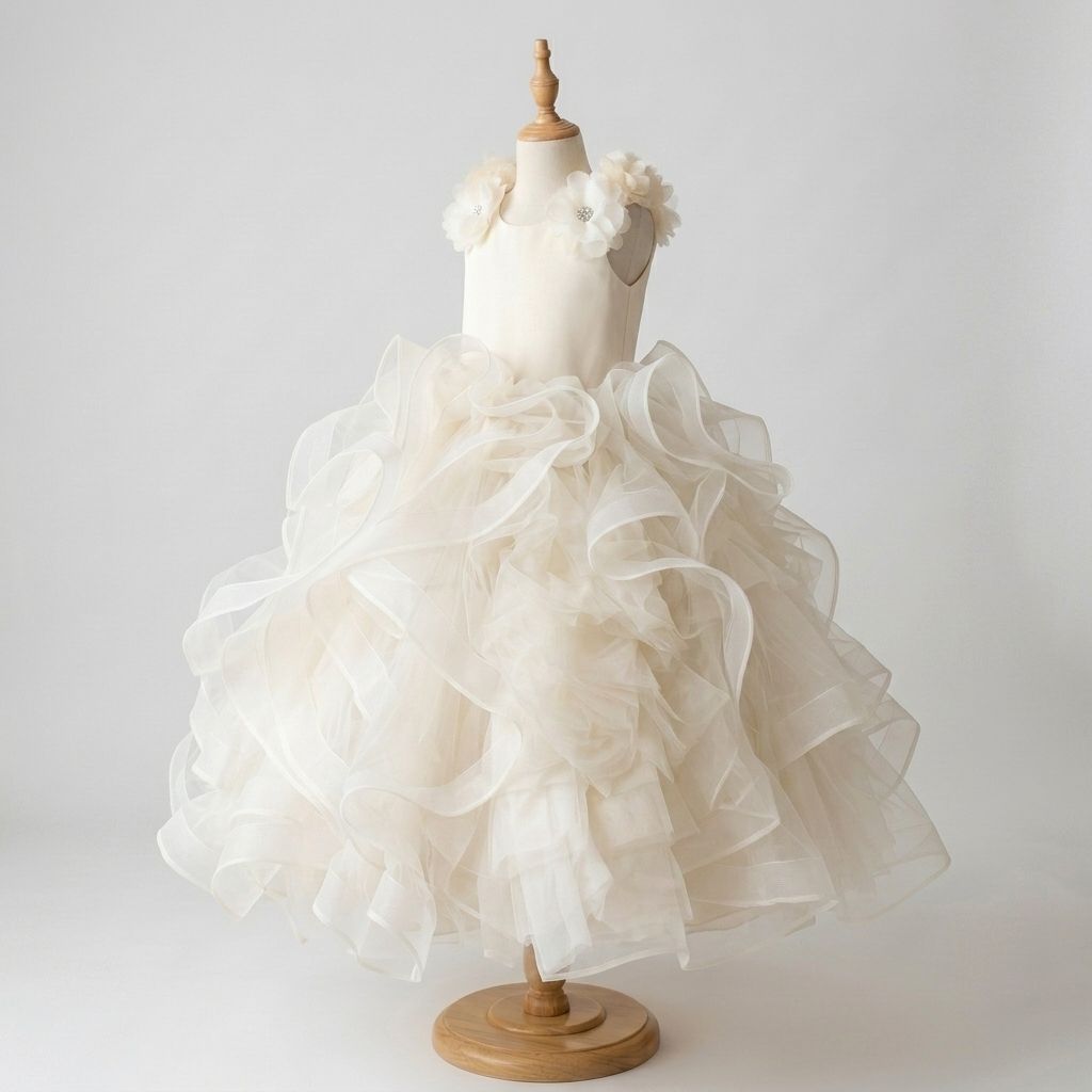 5 Elegant Princess Dresses | Girls Ivory Satin Ruffle Dress with Luxury Details - Image 2