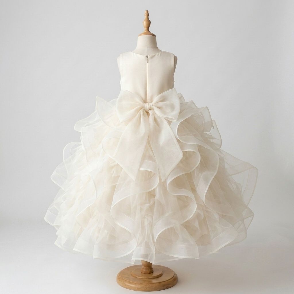 5 Elegant Princess Dresses | Girls Ivory Satin Ruffle Dress with Luxury Details - Image 3