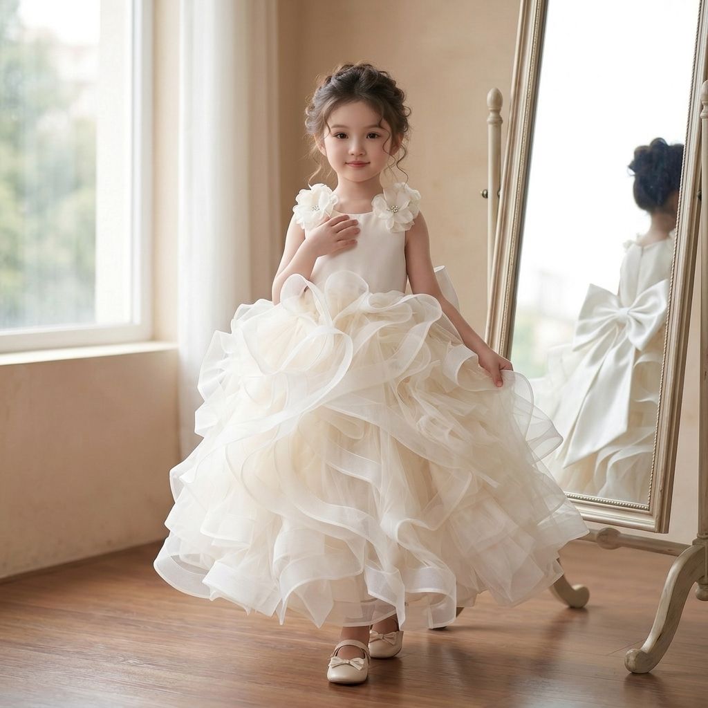 5 Elegant Princess Dresses | Girls Ivory Satin Ruffle Dress with Luxury Details - Image 4