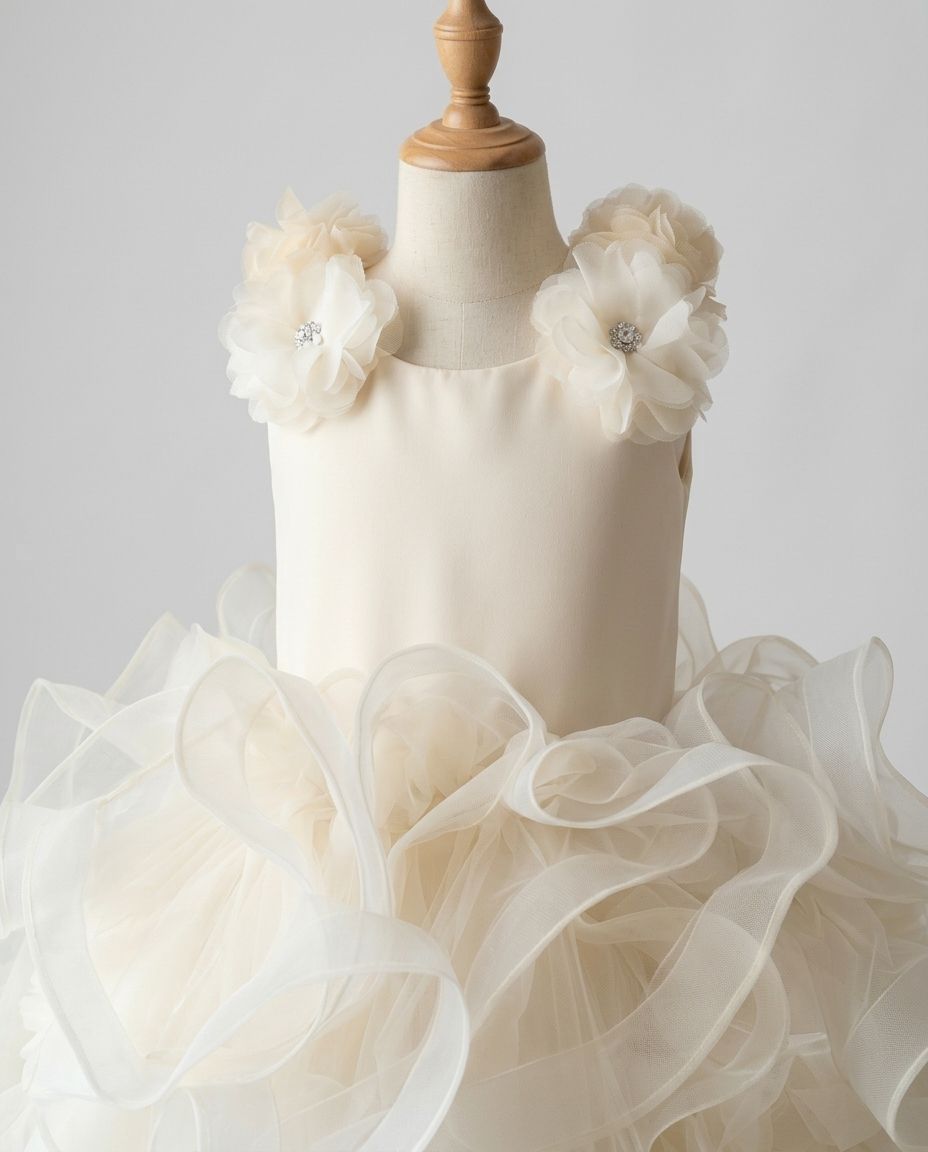 5 Elegant Princess Dresses | Girls Ivory Satin Ruffle Dress with Luxury Details - Image 5