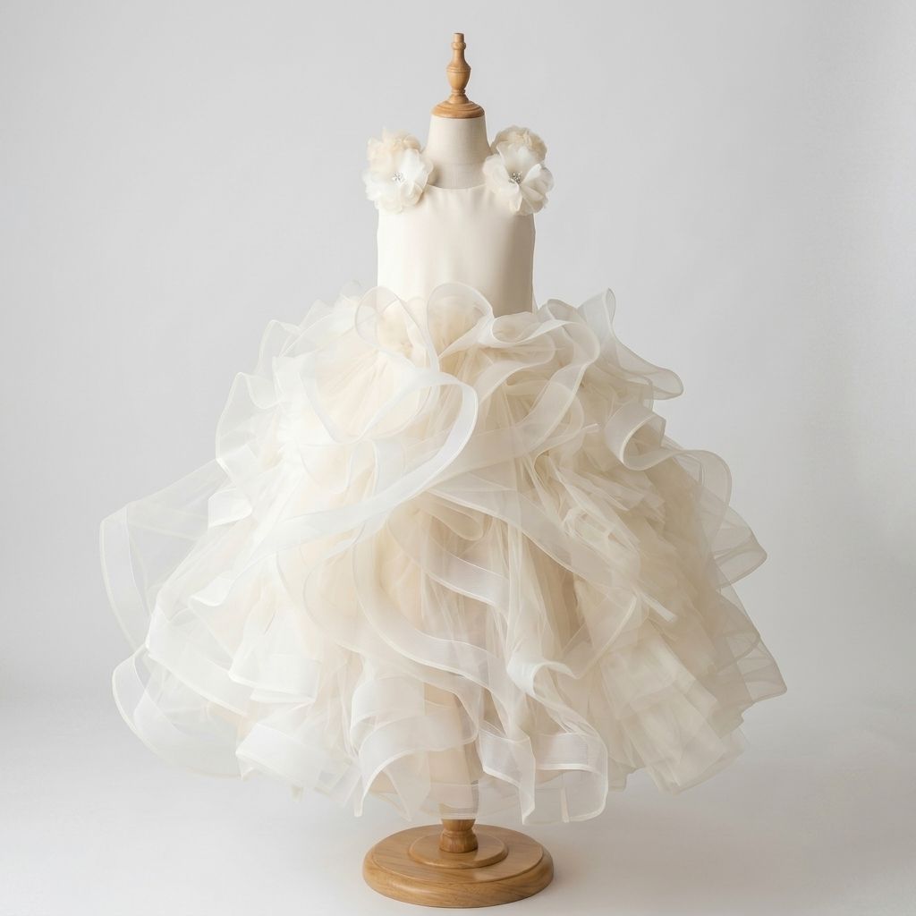 5 Elegant Princess Dresses | Girls Ivory Satin Ruffle Dress with Luxury Details