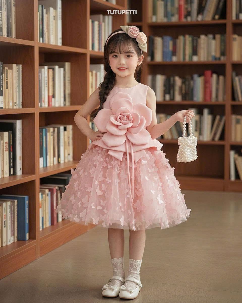 Floral Birthday Dresses – Girls Pink Tulle Dress with Oversized 3D Flower - Image 2