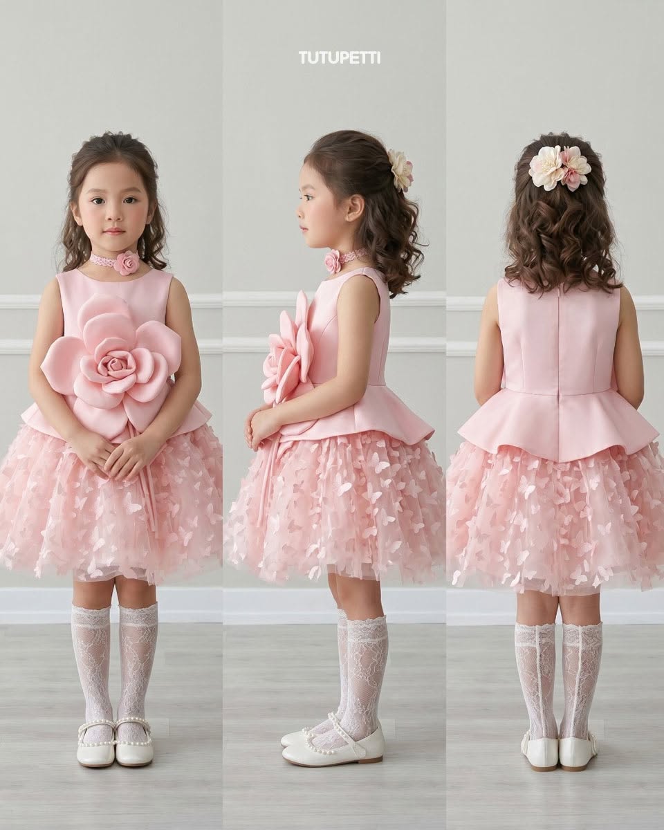 Floral Birthday Dresses – Girls Pink Tulle Dress with Oversized 3D Flower - Image 3