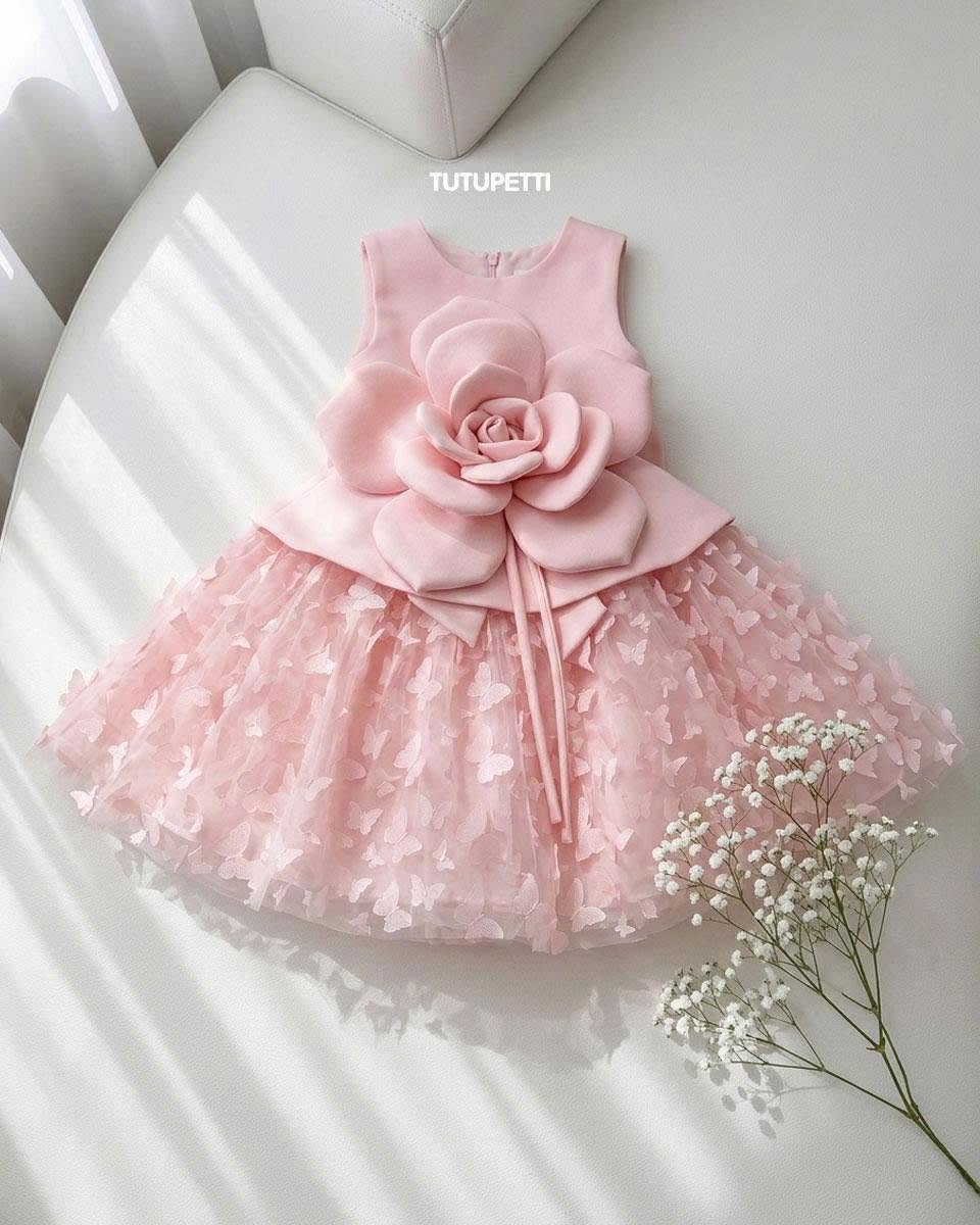 Floral Birthday Dresses – Girls Pink Tulle Dress with Oversized 3D Flower - Image 4