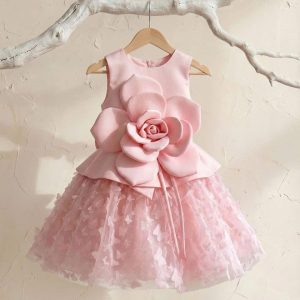 Floral Birthday Dresses – Girls Pink Tulle Dress with Oversized 3D Flower