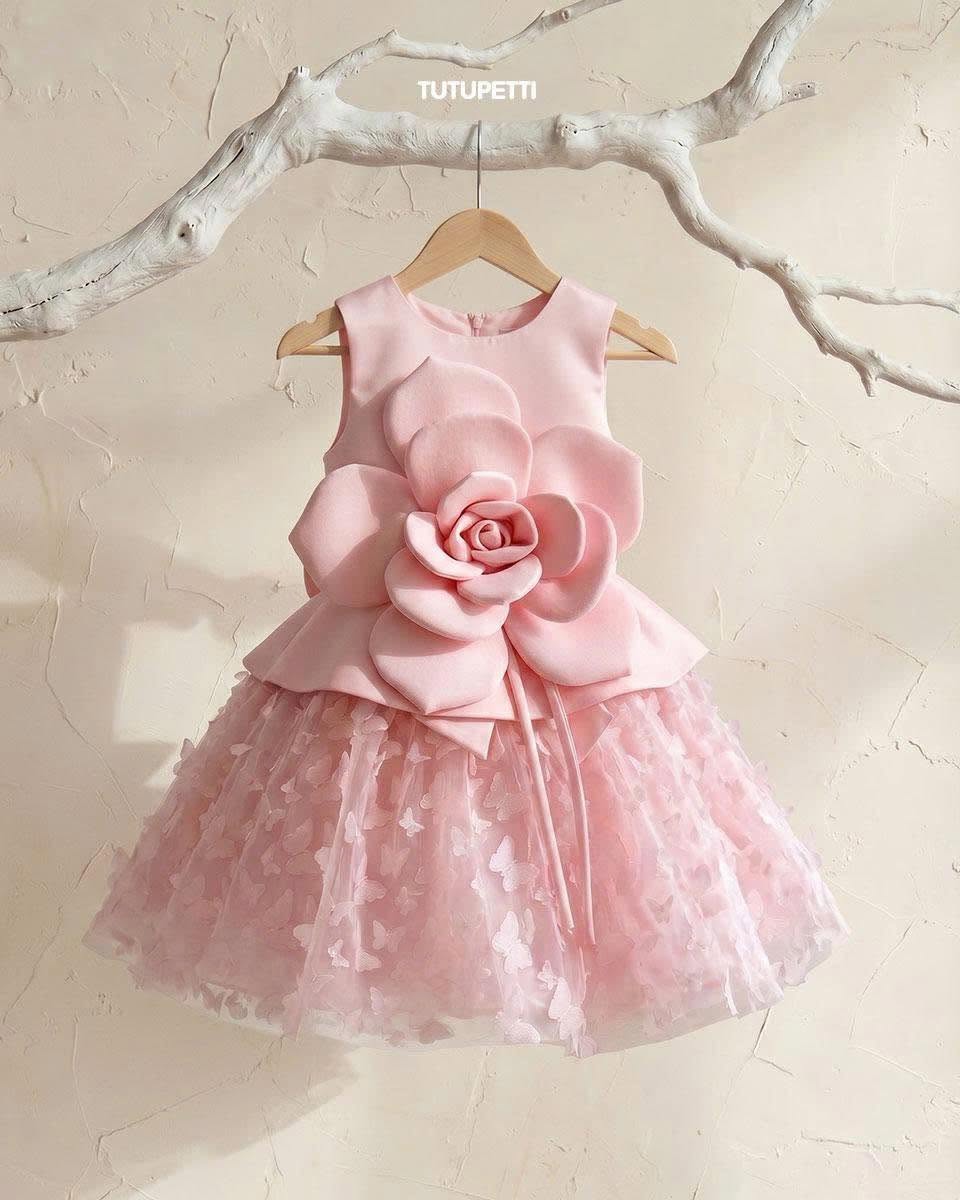 Floral Birthday Dresses – Girls Pink Tulle Dress with Oversized 3D Flower
