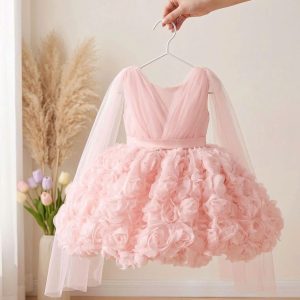 5 Enchanting Flower Girl Dresses | Girls Blush Pink Rose Dress with Long Tulle Sleeves & Romantic Floral Skirt