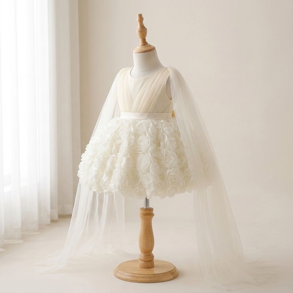5 Bespoke Flower Girl Dresses | Girls Ivory Satin Princess Dress with Elegant Ruffle Details & Luxury Finish - Image 2