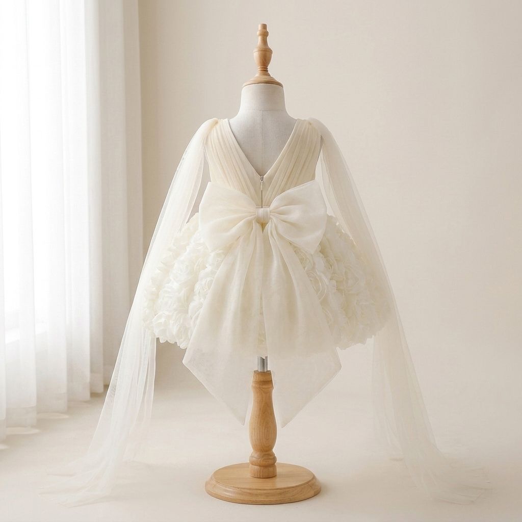 5 Bespoke Flower Girl Dresses | Girls Ivory Satin Princess Dress with Elegant Ruffle Details & Luxury Finish - Image 3