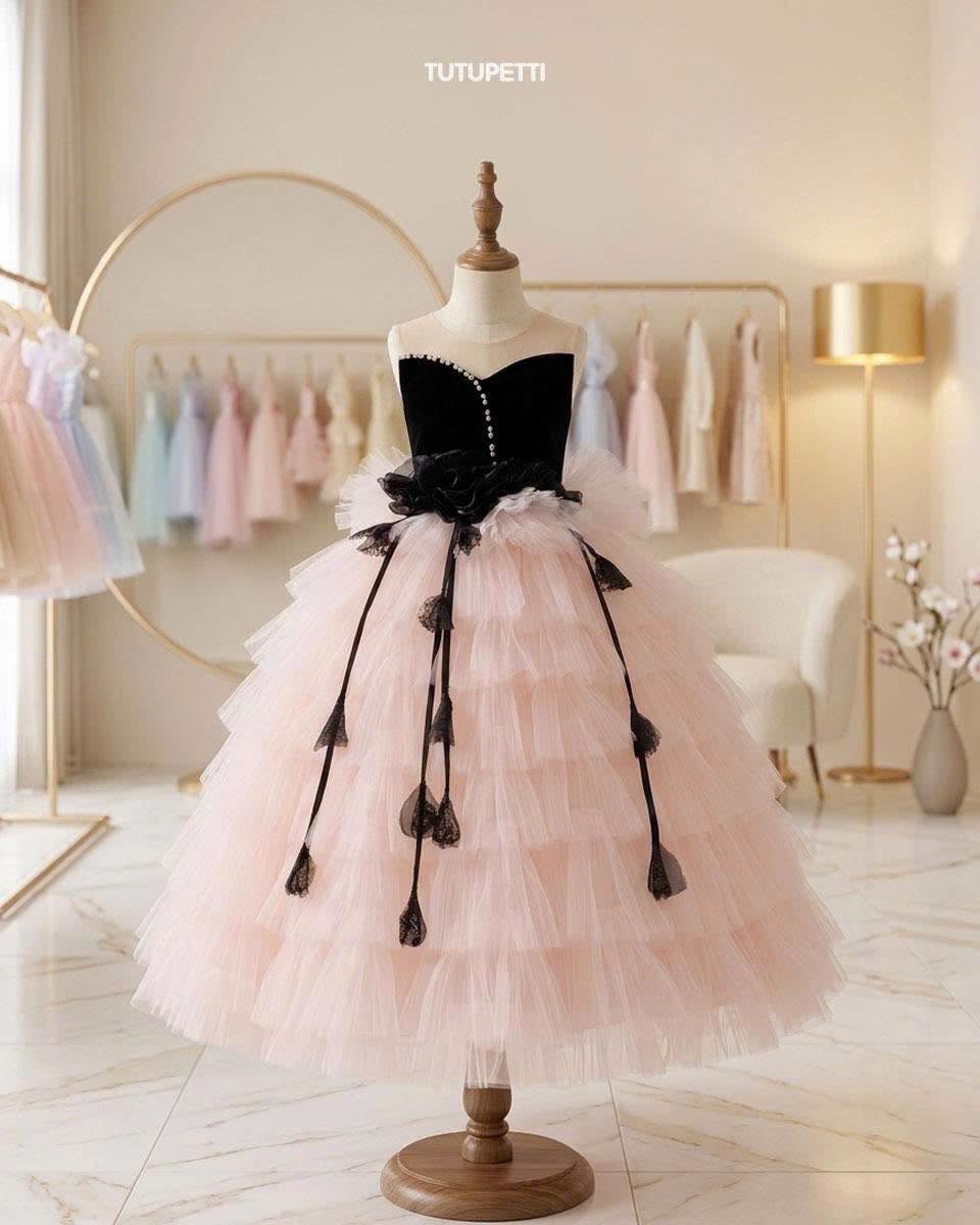 Birthday Dresses for Girls – Elegant Pink Tulle Dress with Black Bow Details - Image 2