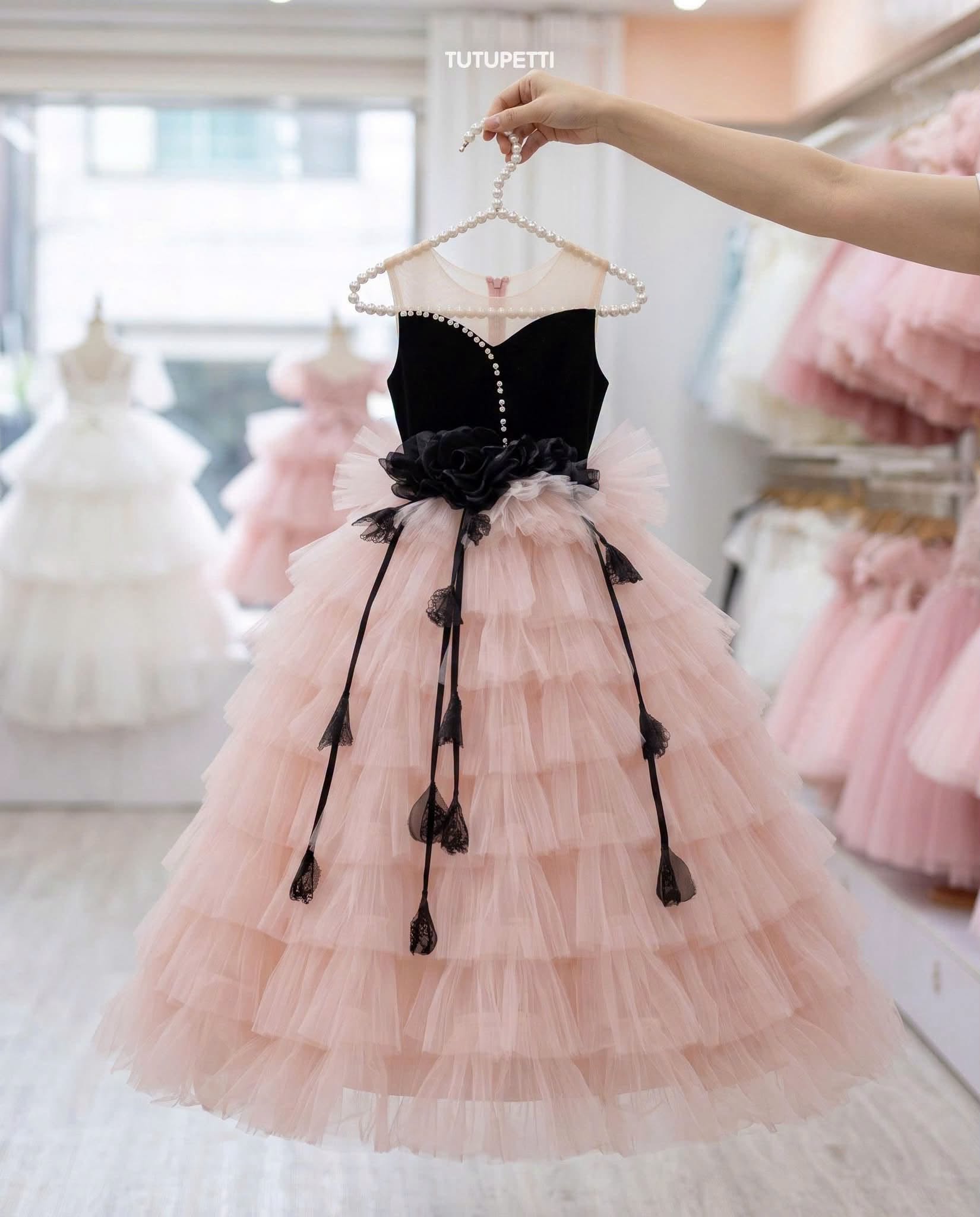 Birthday Dresses for Girls – Elegant Pink Tulle Dress with Black Bow Details - Image 3