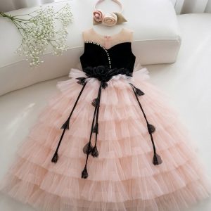 Birthday Dresses for Girls – Elegant Pink Tulle Dress with Black Bow Details