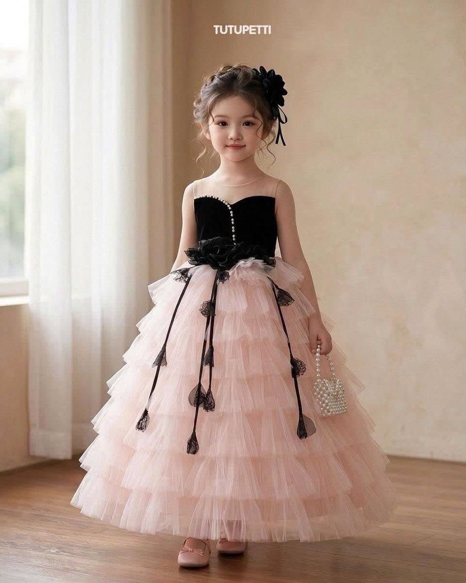 Birthday Dresses for Girls – Elegant Pink Tulle Dress with Black Bow Details - Image 4