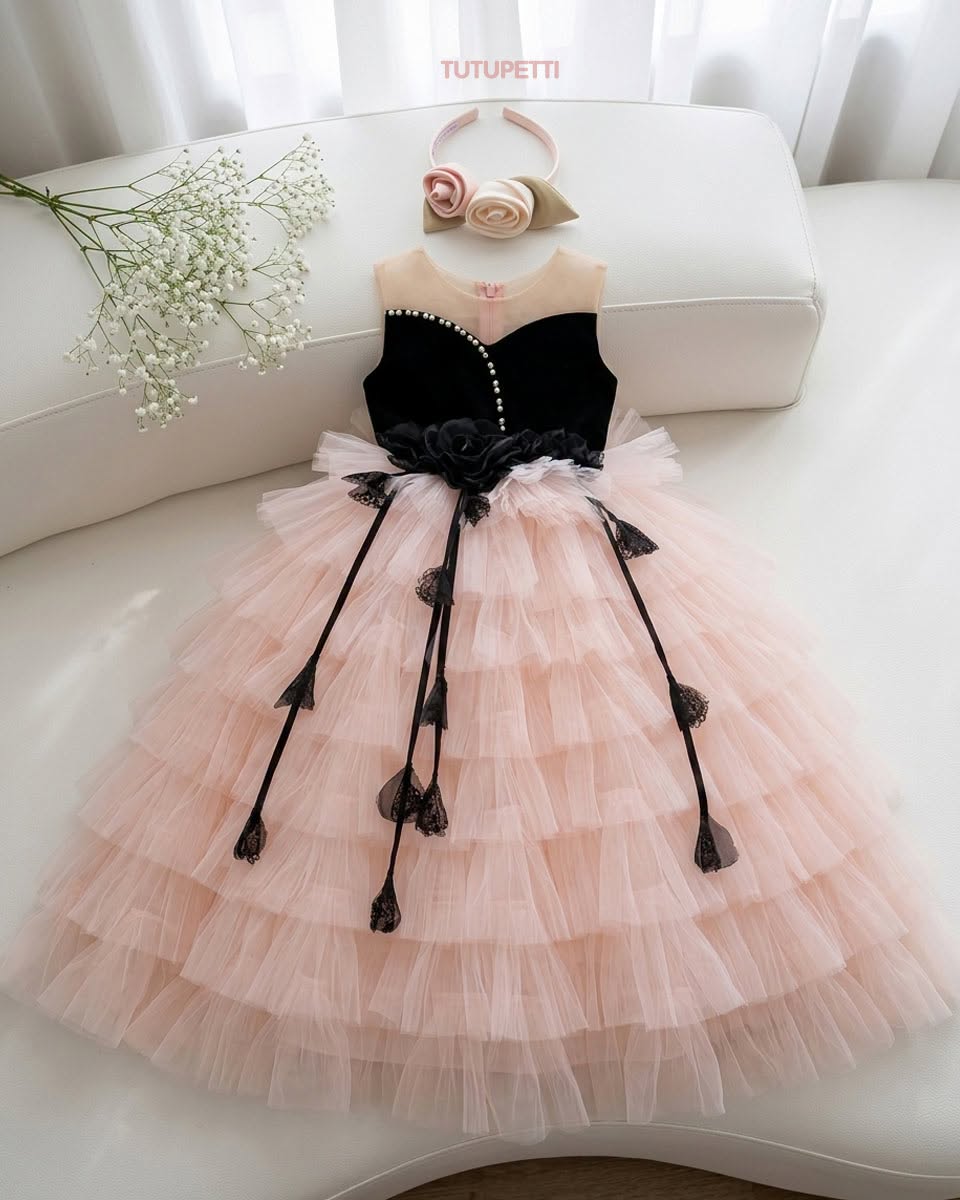 Birthday Dresses for Girls – Elegant Pink Tulle Dress with Black Bow Details