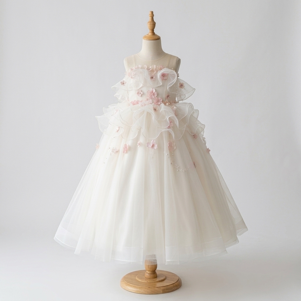 9 Charming Flower Girl Dresses | Ivory Tulle Princess Dress with Delicate 3D Floral Ruffles