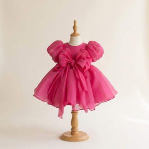 7 Gorgeous Pink Tulle Dresses | Girls Fuchsia Party Dress with Statement Bow & Puff Sleeves