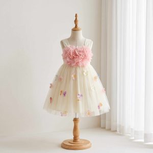 7 Gorgeous Flower Girl Dresses | Girls Ivory Tulle Dress with 3D Floral Bodice & Pastel Flower Appliques