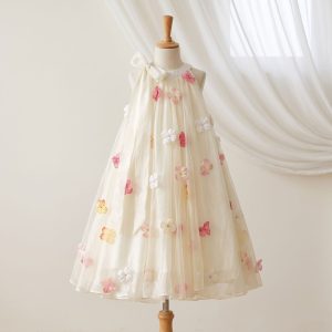 6 Enchanting Flower Girl Dresses | Girls Ivory Tulle Dress with 3D Floral Appliques & Elegant Bow
