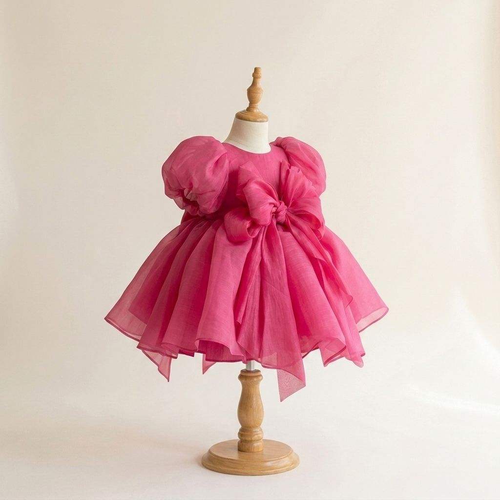 7 Gorgeous Pink Tulle Dresses | Girls Fuchsia Party Dress with Statement Bow & Puff Sleeves - Image 2