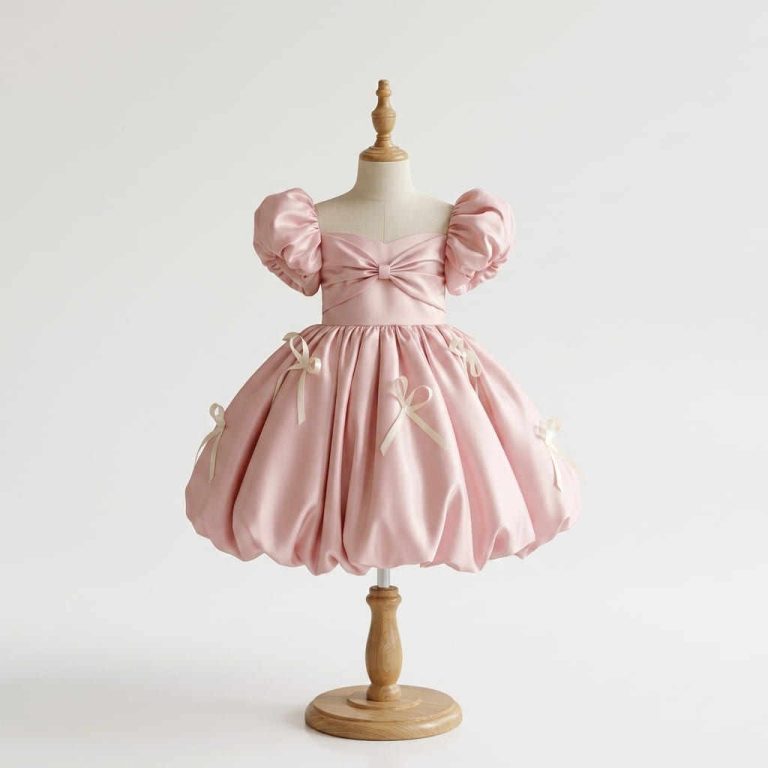 7 Charming Princess Dresses | Girls Pink Satin Puff Sleeve Dress with Statement Bow & Bubble Skirt