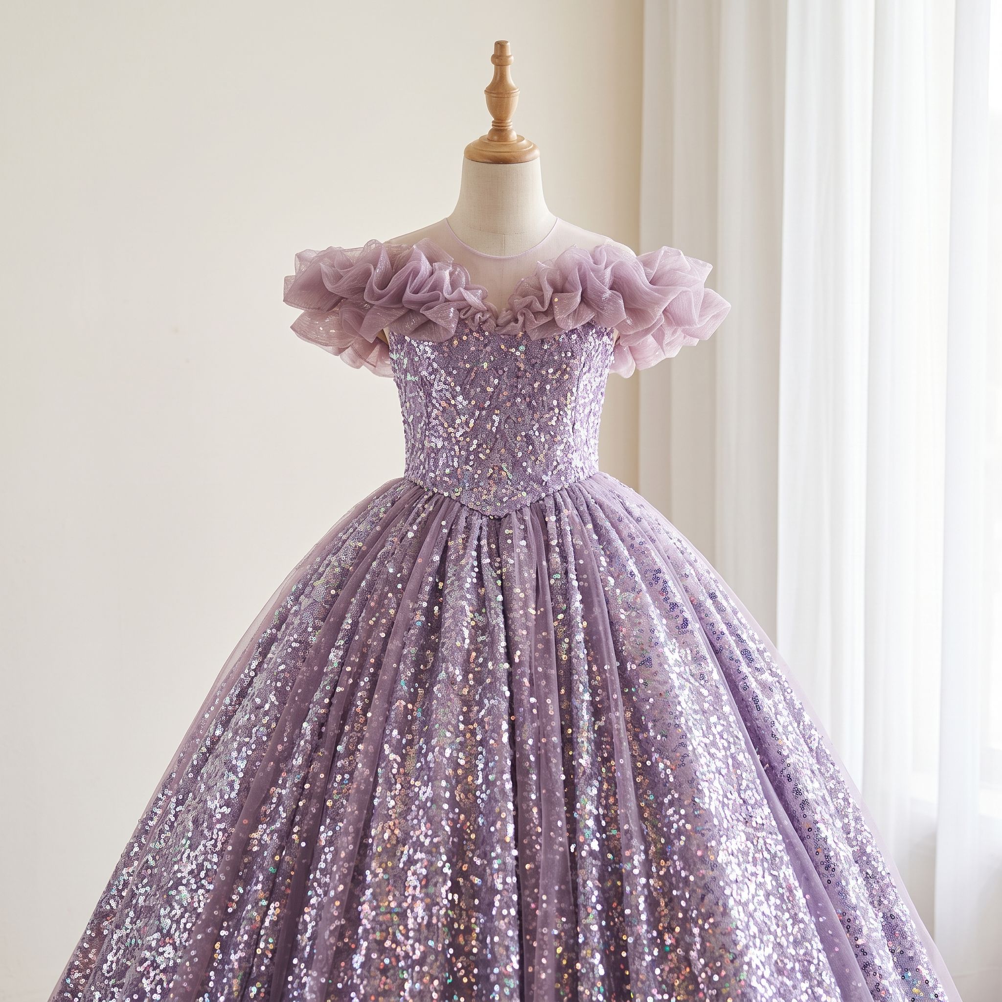 5 Enchanting Princess Dresses | Girls Lavender Sequin Tulle Ball Gown with Ruffle Details - Image 2